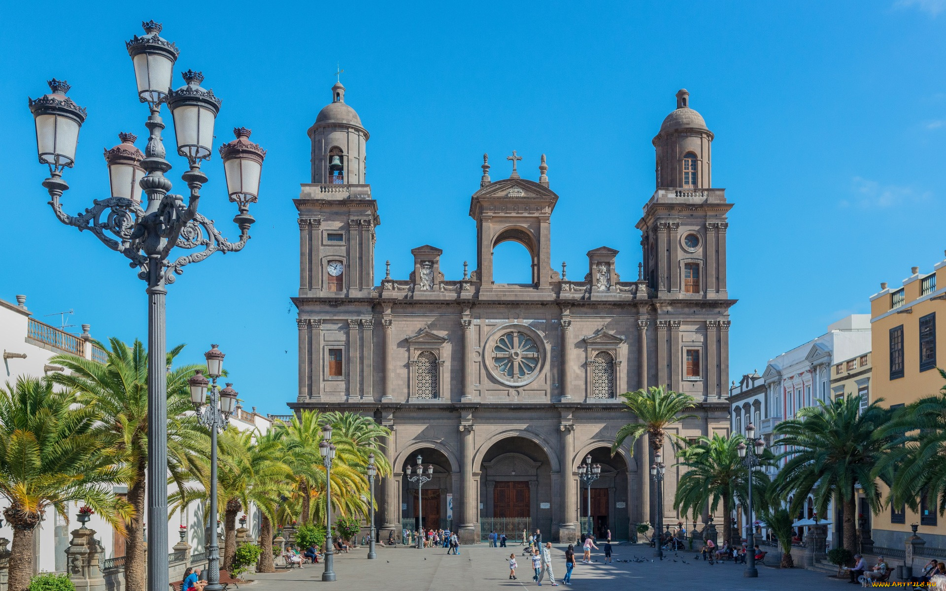 города, -, католические, соборы, , костелы, , аббатства, солнечно, фонари, голубое, небо, храм, tenerife, площадь, дома, san, telmo, испания, пальмы