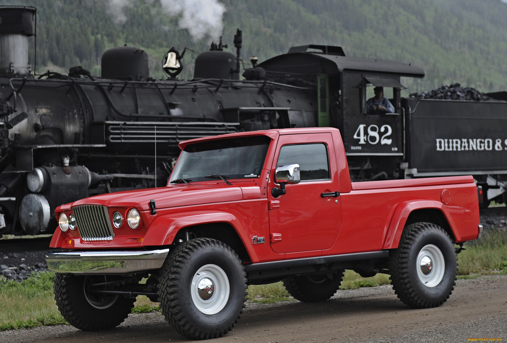 jeep, j-12, prepping, grand, wagoneer, pickup, 2012, автомобили, jeep, pickup, 2012, wagoneer, красный, паровоз, поезд, j-12, prepping, grand