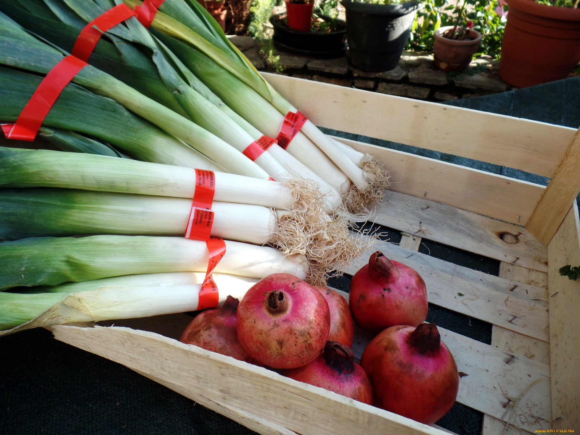 еда, фрукты, и, овощи, вместе, лук, порей, гранат