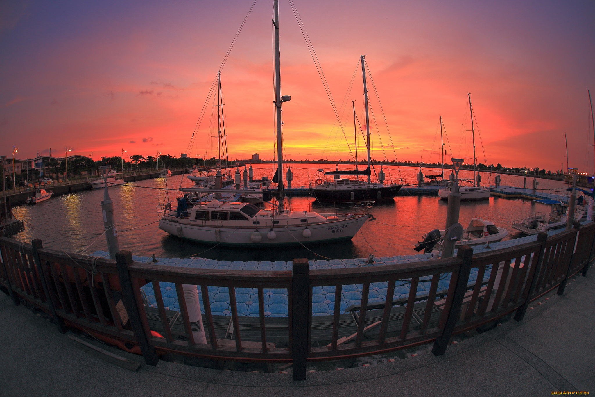 корабли, Яхты, закат, бухта