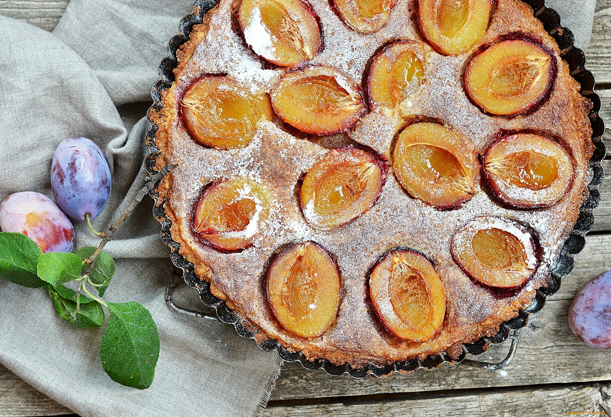 еда, хлеб, , выпечка, слива, пирог, выпечка, сахарная, пудра