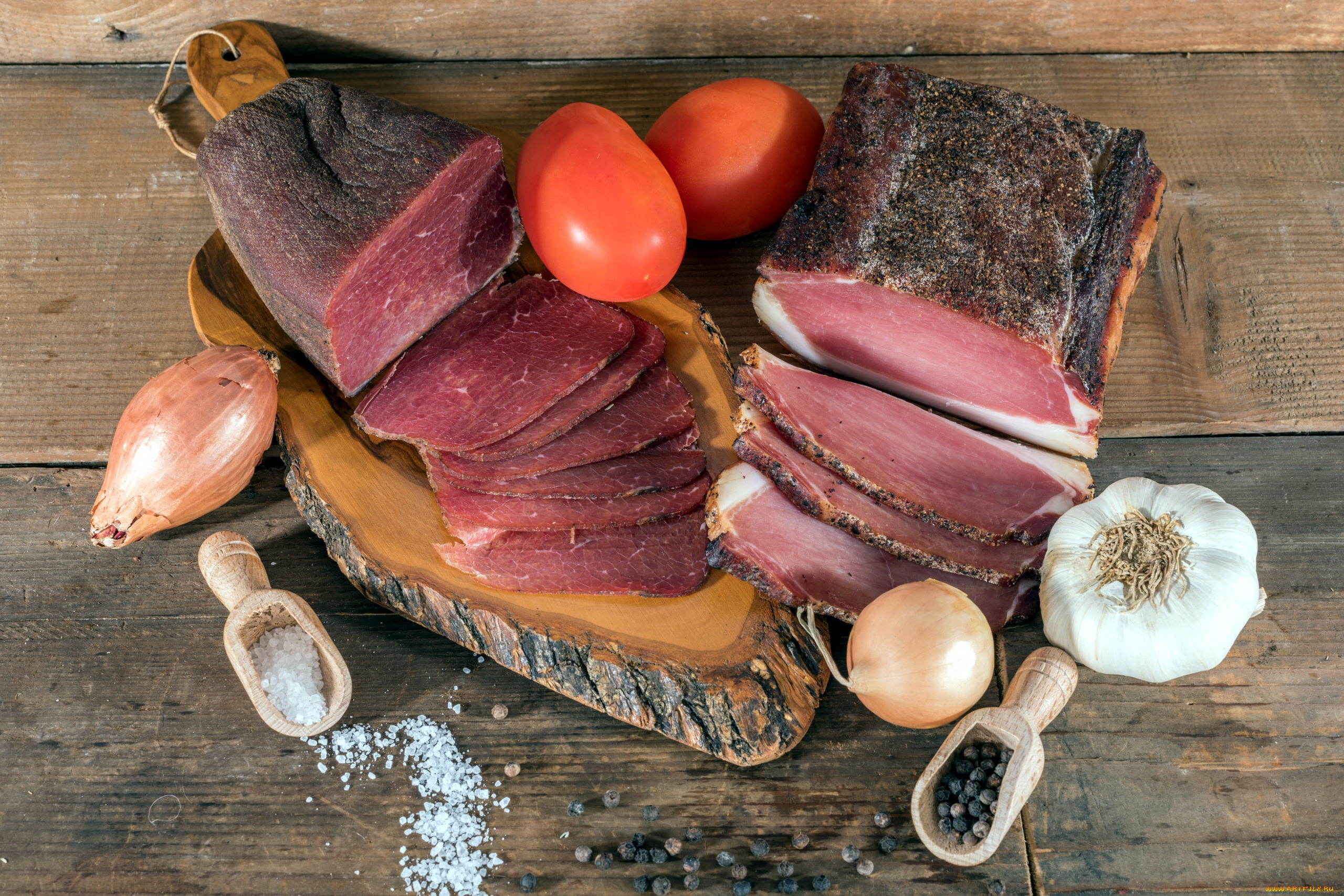 еда, колбасные, изделия, лук, чеснок, ветчина