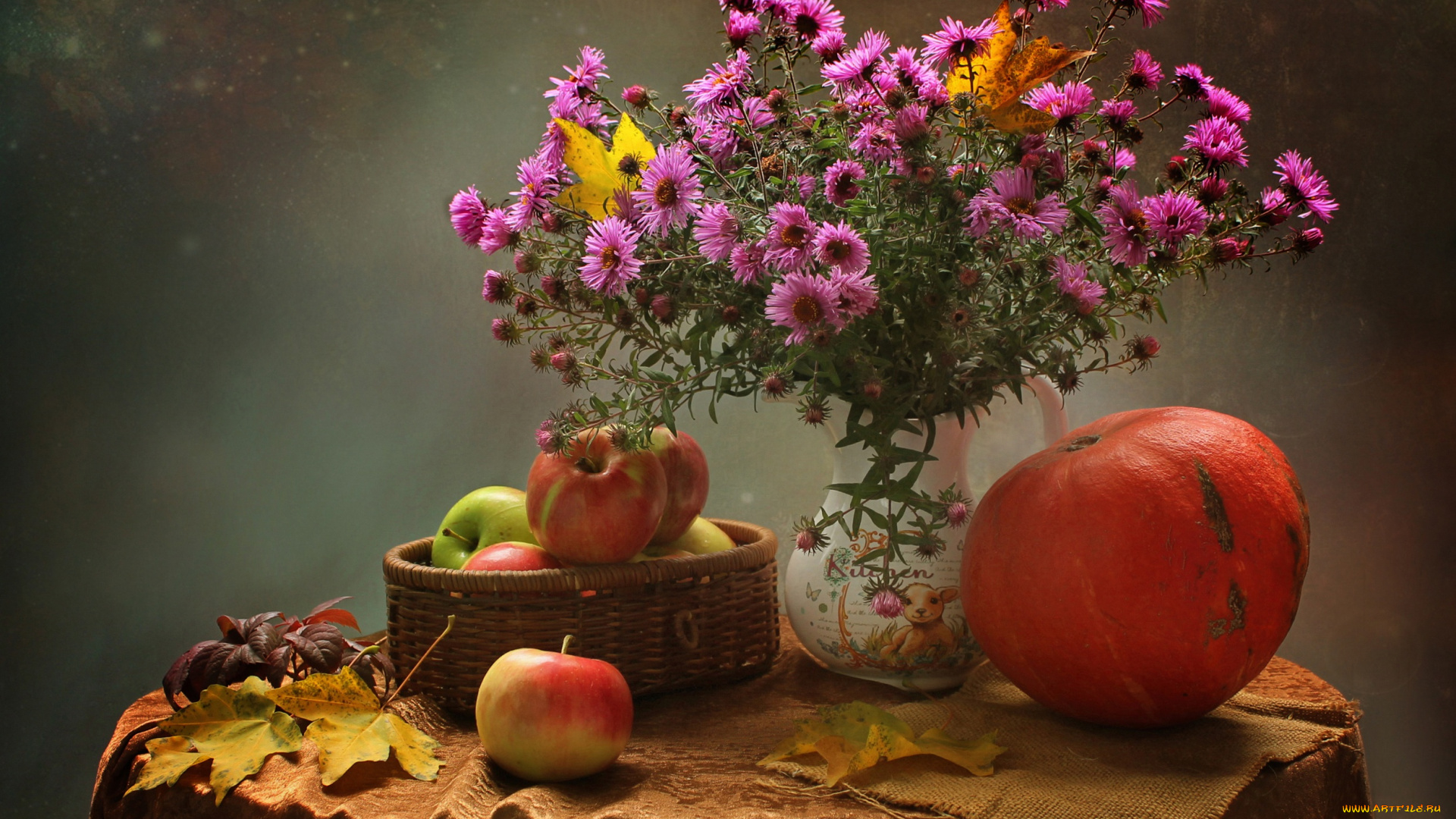еда, натюрморт, осень, листья, цветы, стол, фон, яблоки, букет, тыква, ваза, скатерть, астры
