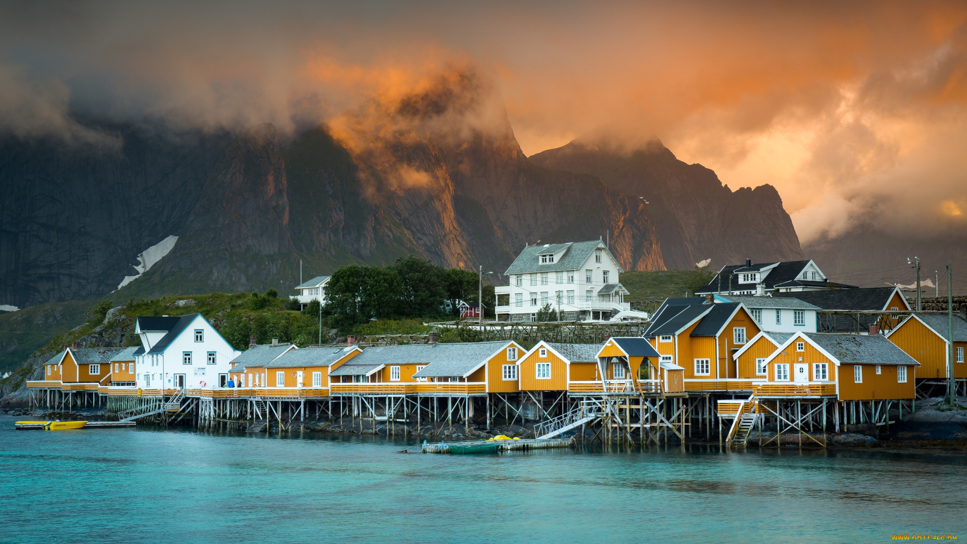 города, -, пейзажи, фьорд, поселение, норвегия, дома, город, горы