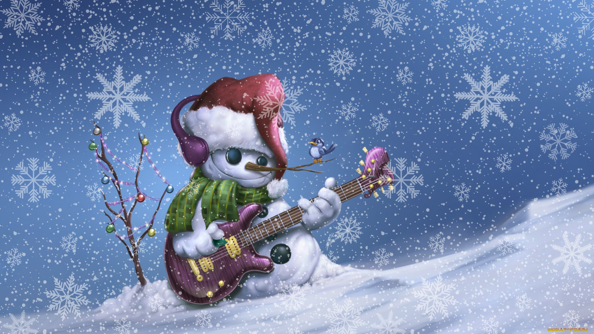 праздничные, векторная, графика, , новый, год, рождество, martin, mariano, hernandez, tena, by, гитара, зима, снеговик, snowman, illustration, snowboard, merry, christmas, праздник, новый, год, фон, снежинки, птица, снег