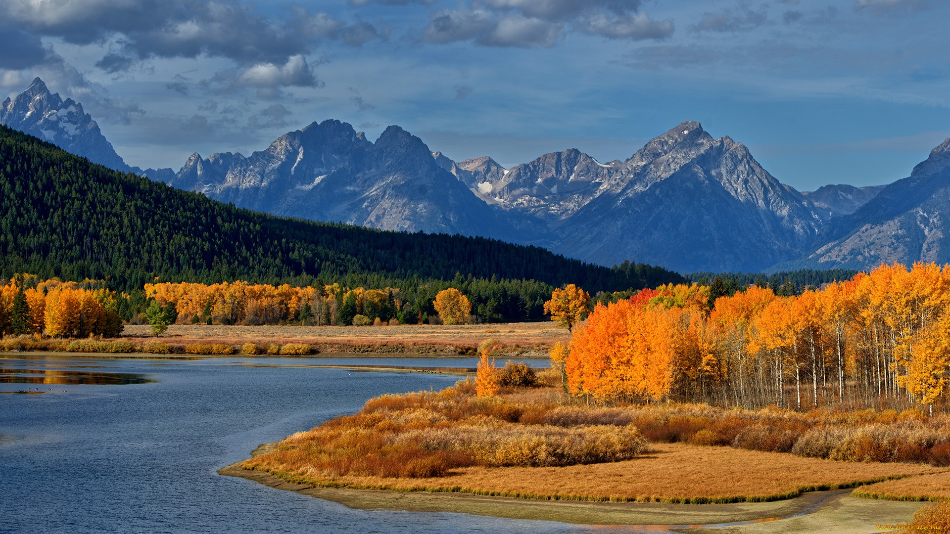 природа, пейзажи, осень, облака, солнце, небо, лес, горы, деревья, сша, река, grand, teton, national, park, жёлтые