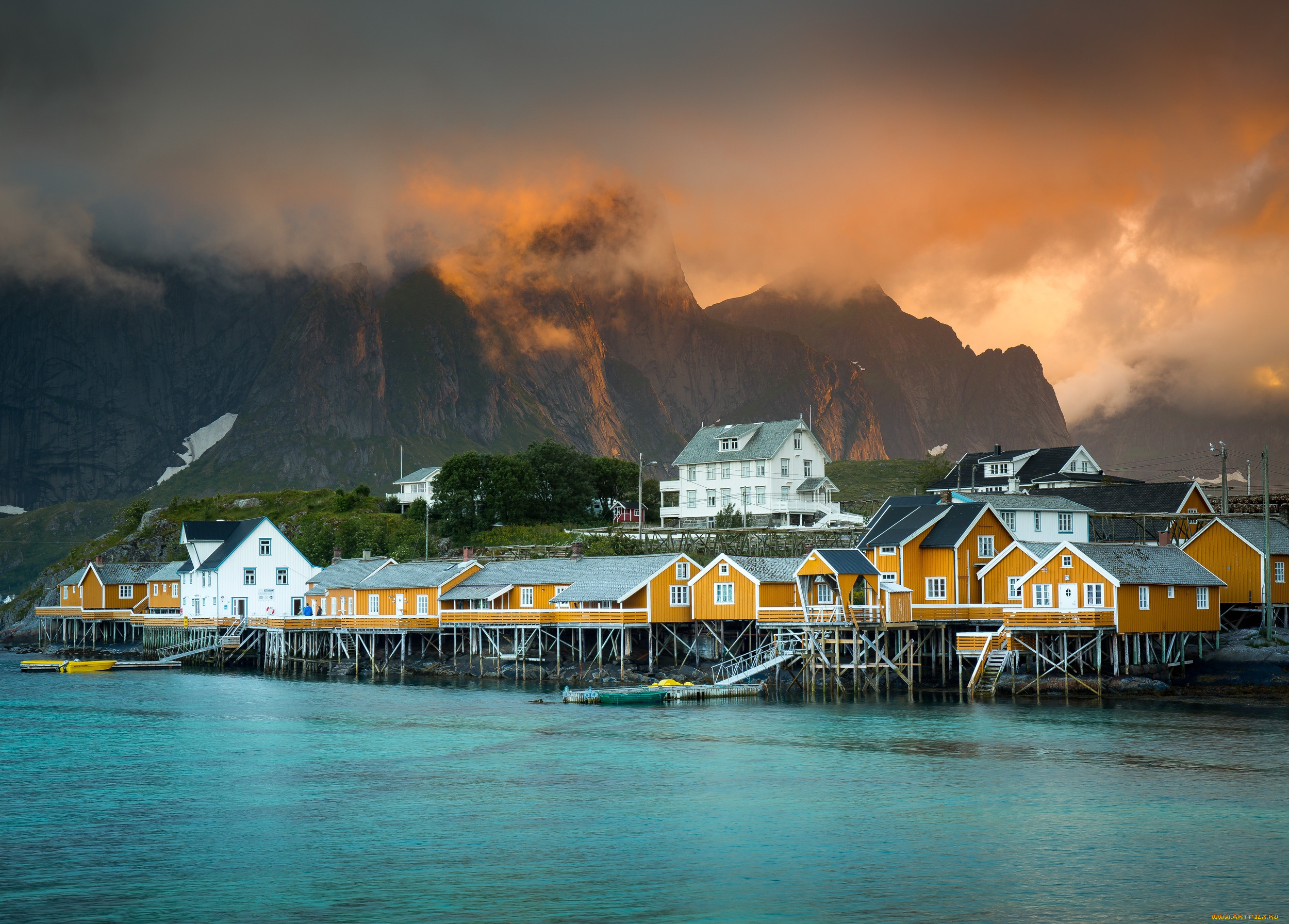 города, -, пейзажи, фьорд, поселение, норвегия, дома, город, горы