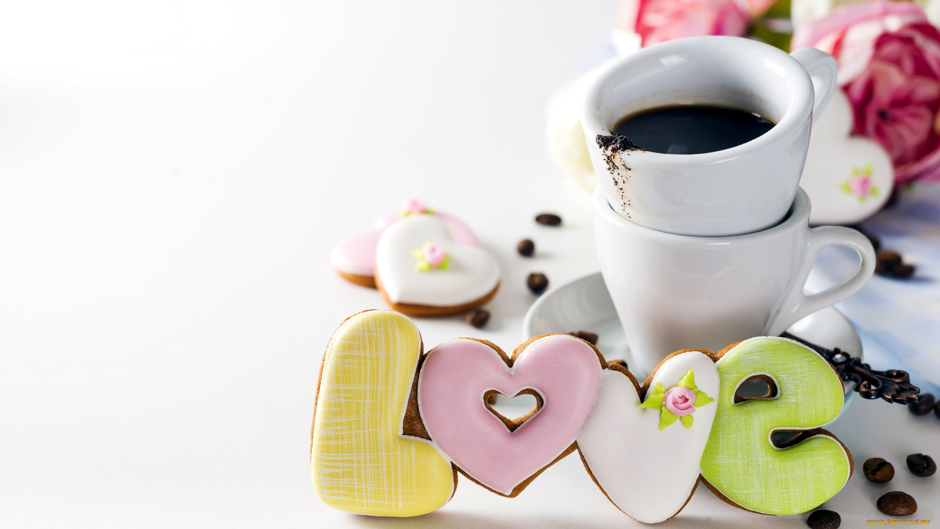 праздничные, день, святого, валентина, , сердечки, , любовь, кофе, надпись, пряники