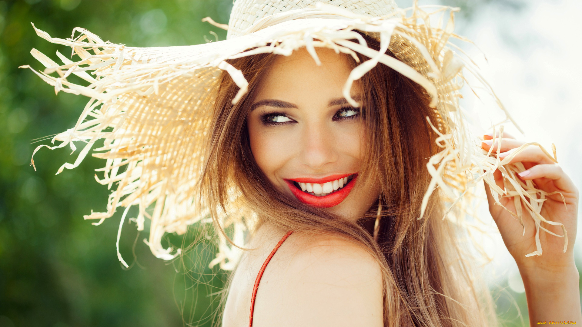девушки, -, лица, , портреты, соломенная, шляпка, улыбка, красота
