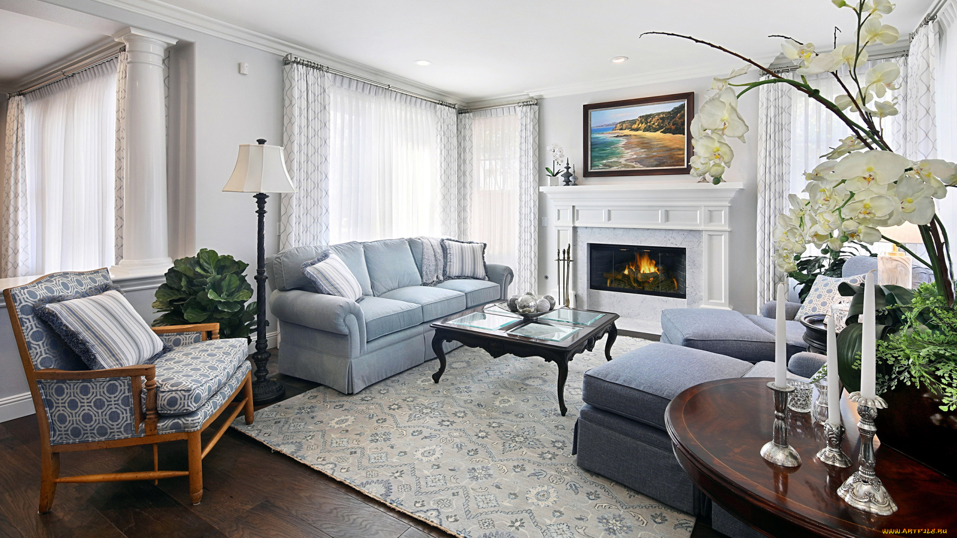 интерьер, гостиная, камин, мягкий, уголок, орхидеи