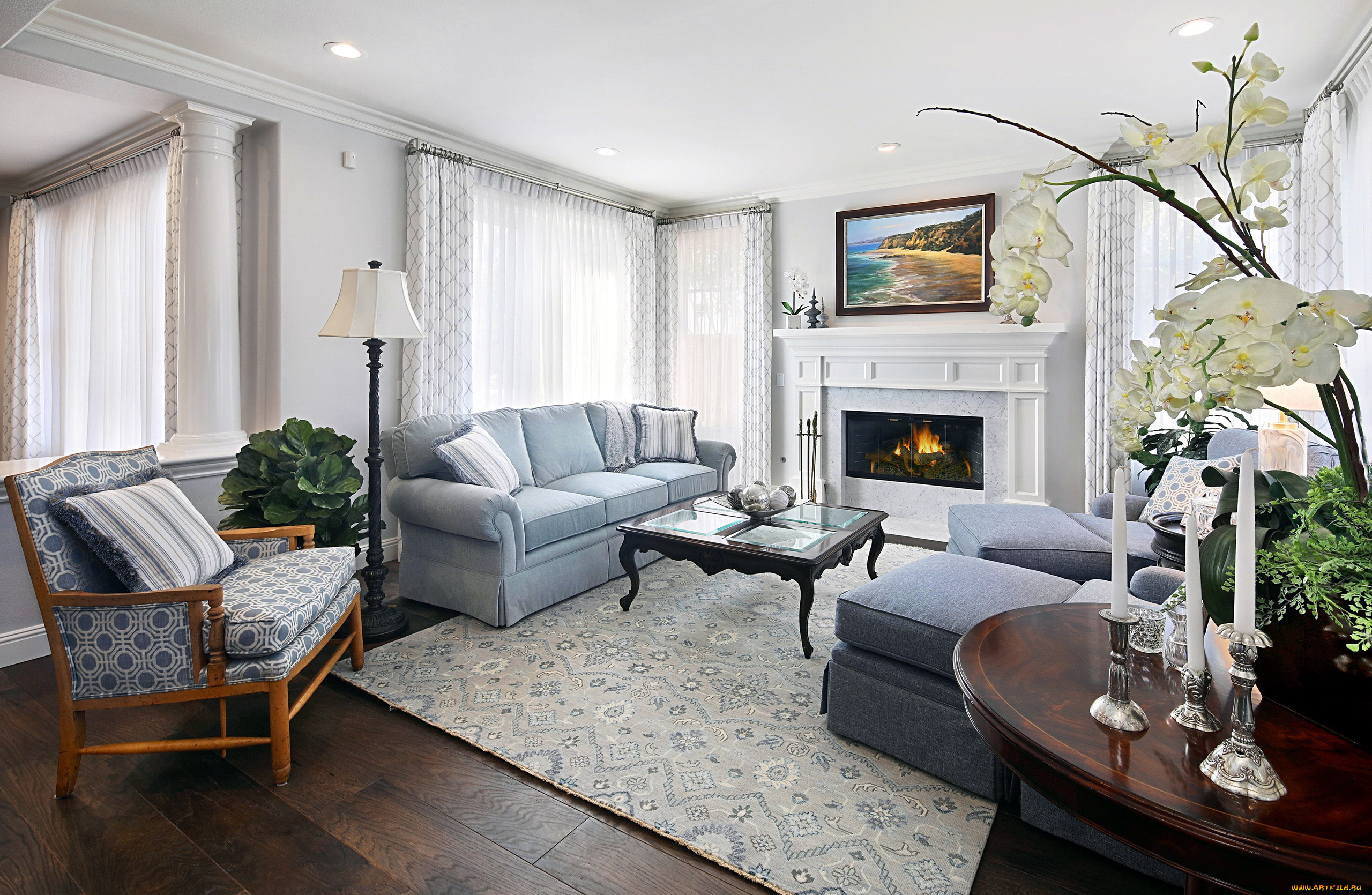 интерьер, гостиная, камин, мягкий, уголок, орхидеи