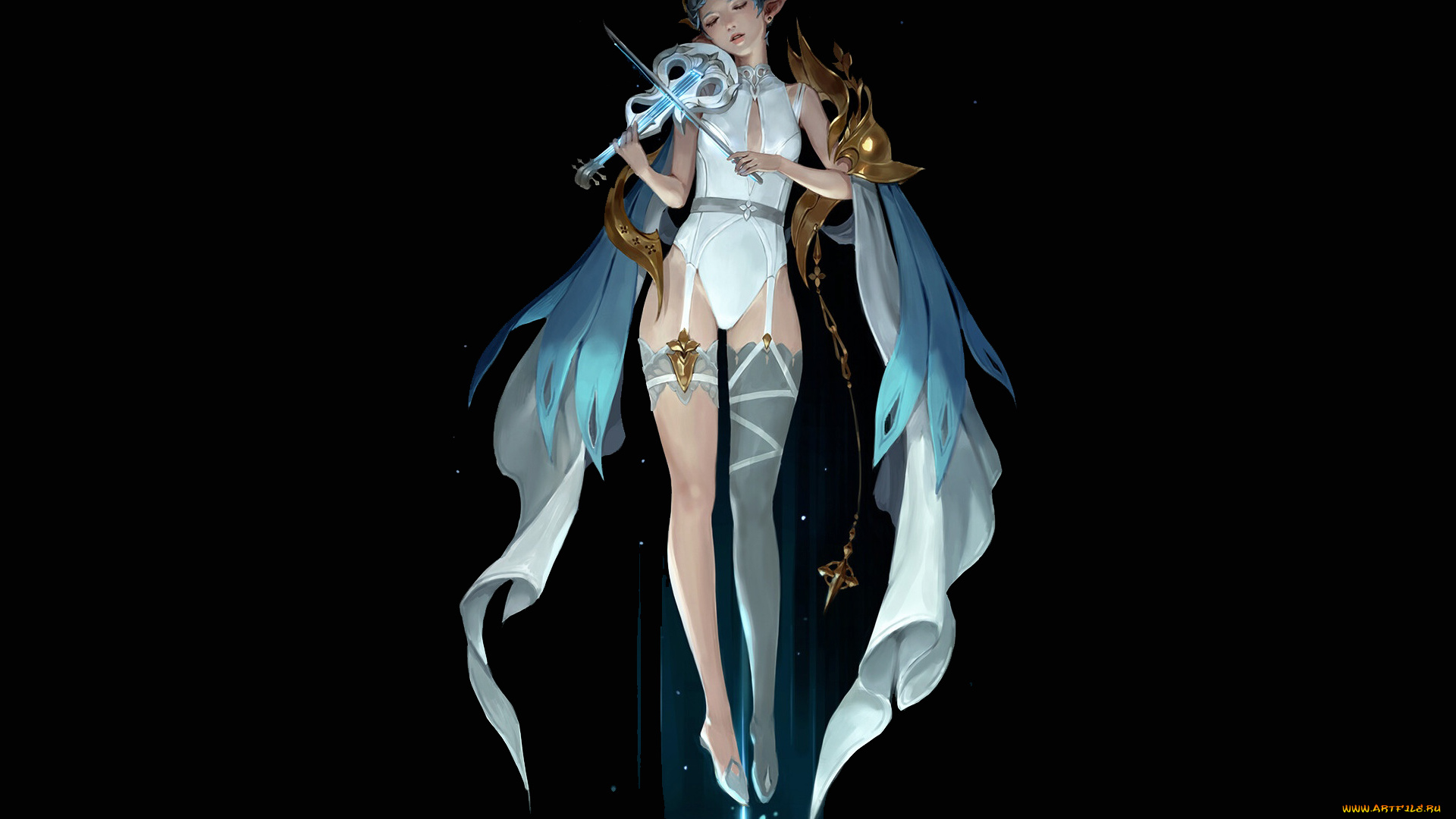 фэнтези, эльфы, эльфийка, птицы, скрипка, вода