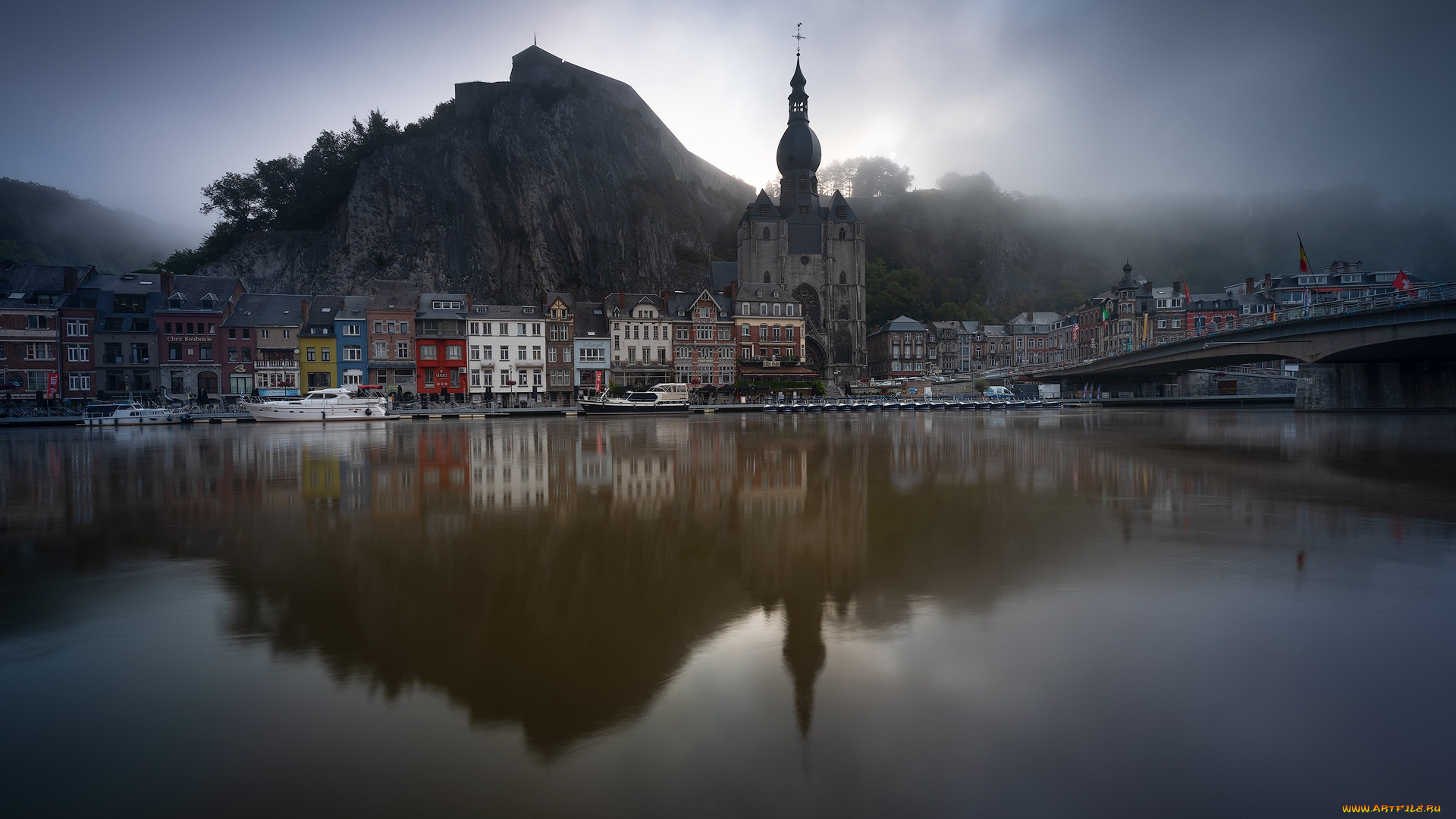 города, -, улицы, , площади, , набережные, динан, утро, восход, солнца, цитадель, туман, городской, вид, бельгия