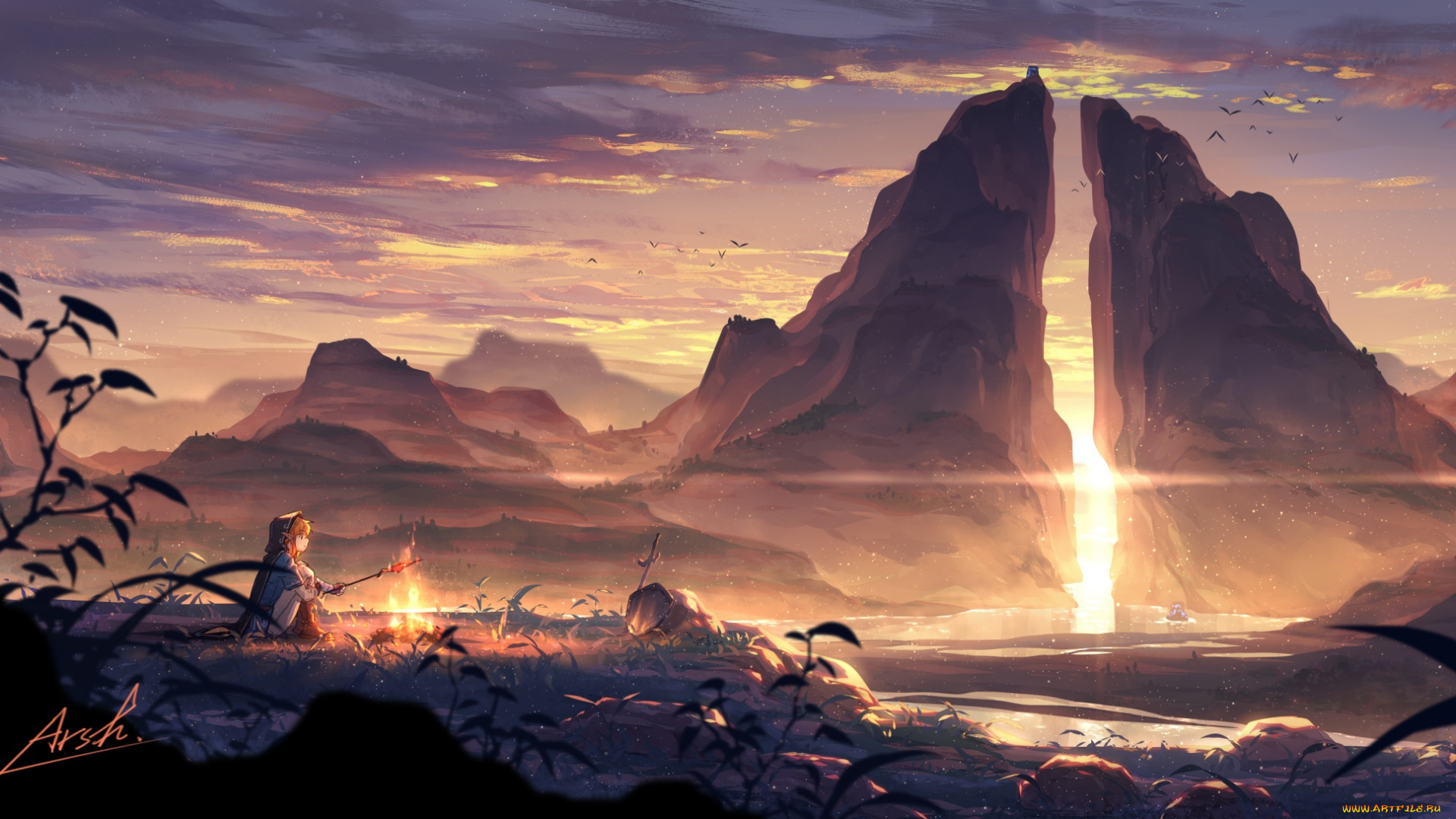 видео, игры, the, legend, of, zelda, эльф, костер, скалы, закат, озеро