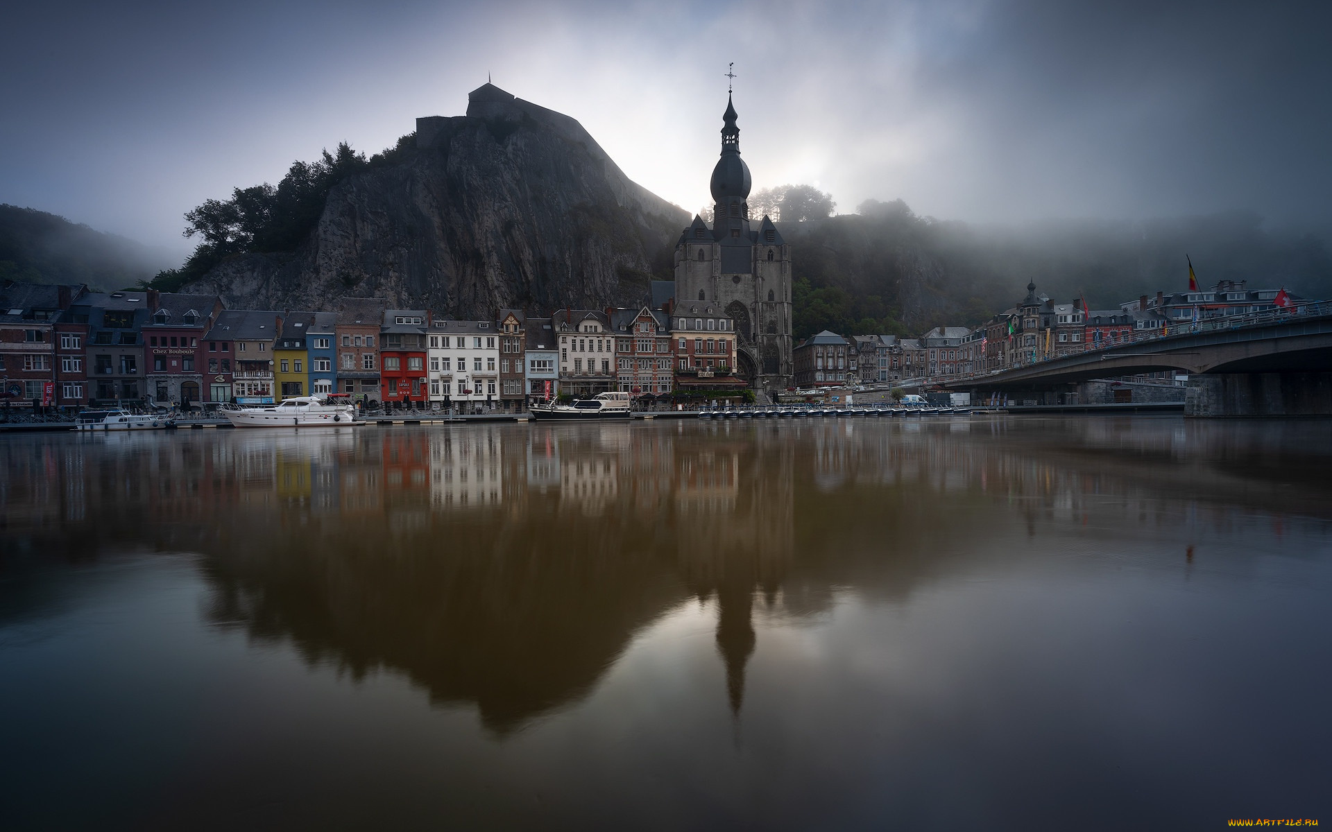 города, -, улицы, , площади, , набережные, динан, утро, восход, солнца, цитадель, туман, городской, вид, бельгия