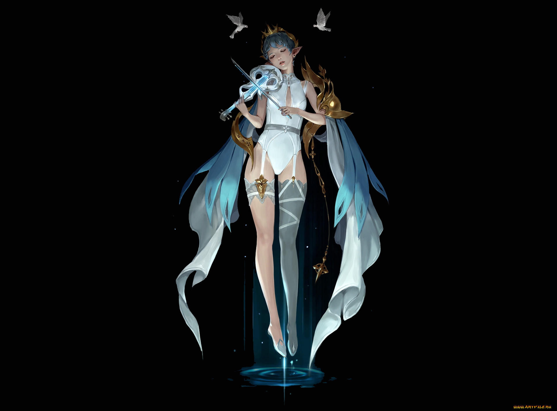 фэнтези, эльфы, эльфийка, птицы, скрипка, вода