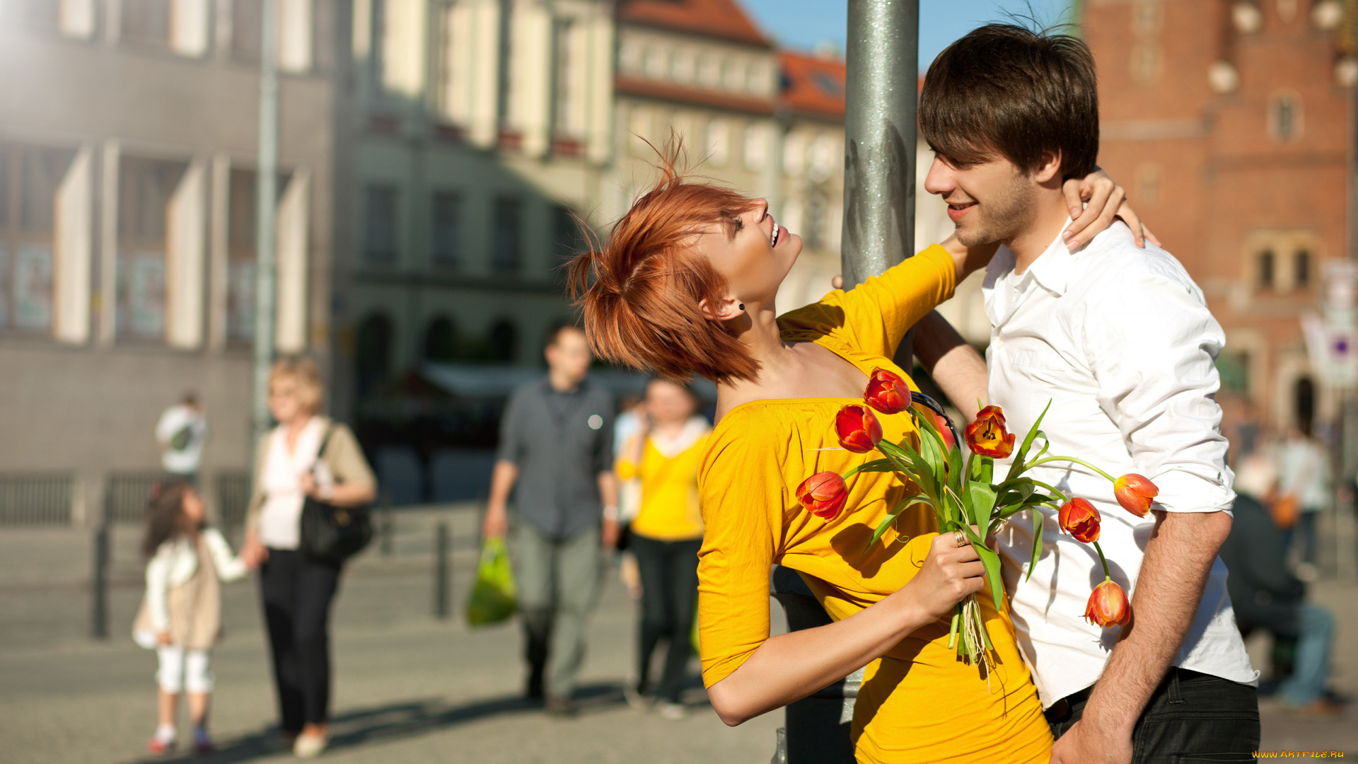 разное, мужчина, женщина, пара, цветы, город