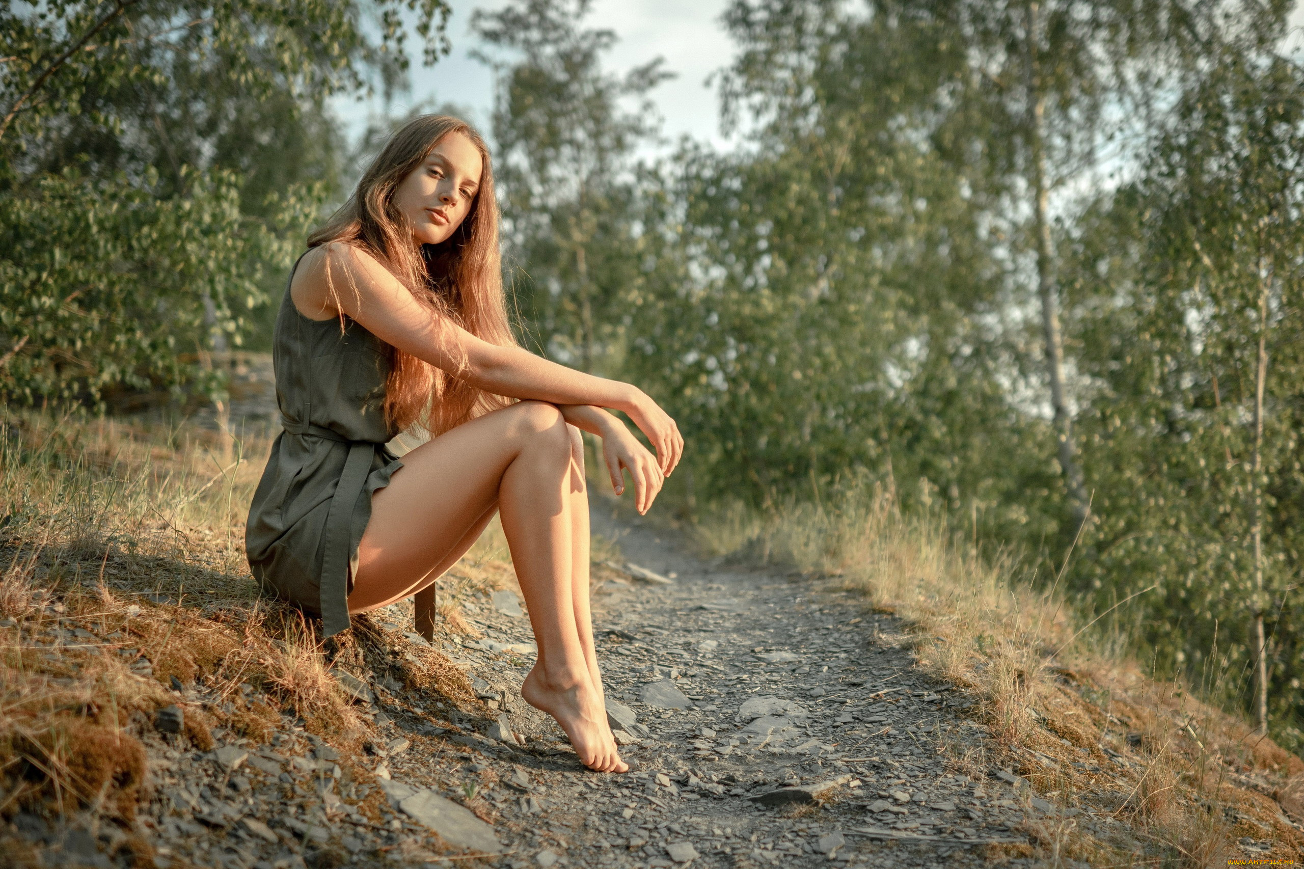 девушки, -, рыжеволосые, и, разноцветные, лес, длинные, рыжие, волосы, платье, мини