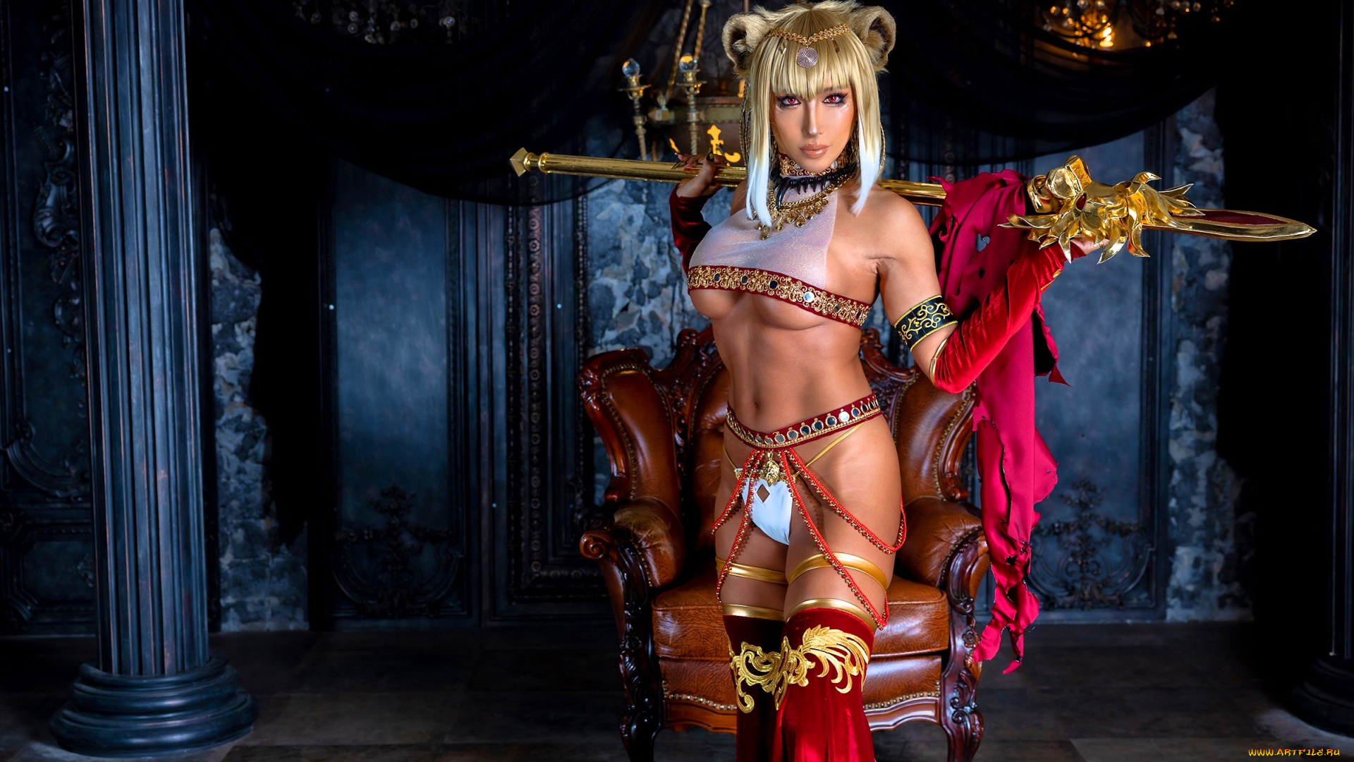 девушки, nonsummerjack, образ, костюм, косплей, украшения, оружие, кресло