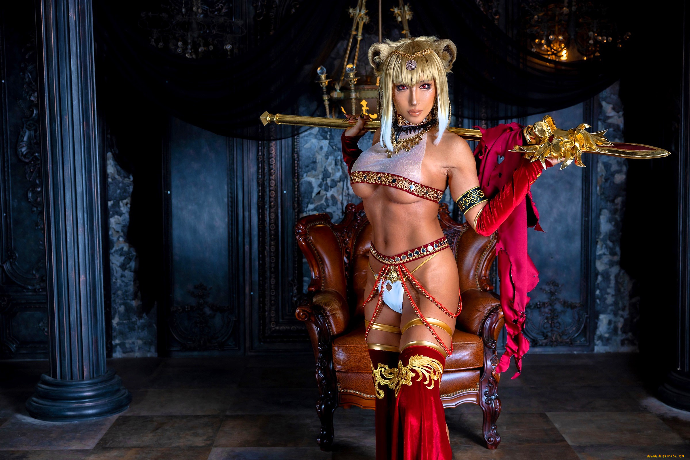 девушки, nonsummerjack, образ, костюм, косплей, украшения, оружие, кресло