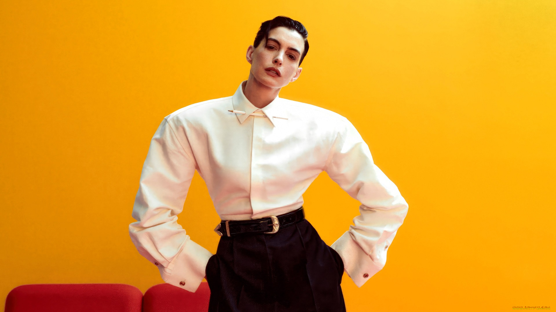 девушки, anne, hathaway, актриса, шатенка, блузка, плечи, брюки