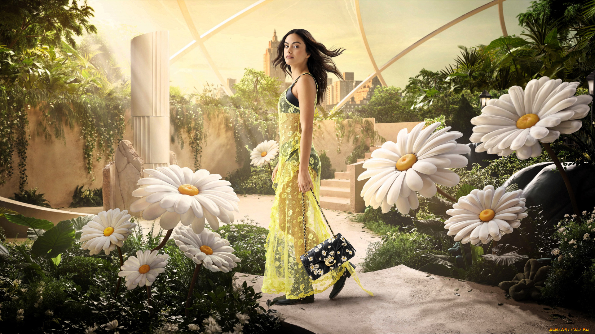 девушки, camila, mendes, брюнетка, наряд, платье, сумка, цветы, ромашки, купол