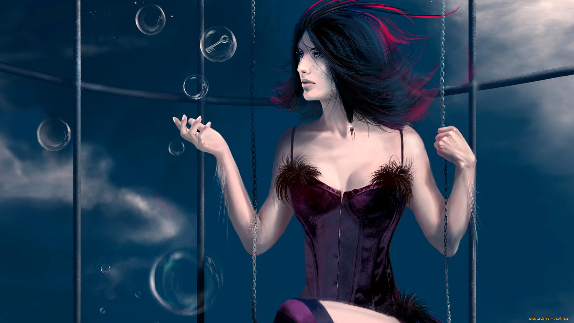 фэнтези, девушки, девушка, наряд, качели, цепи, клетка, пузыри, ключ