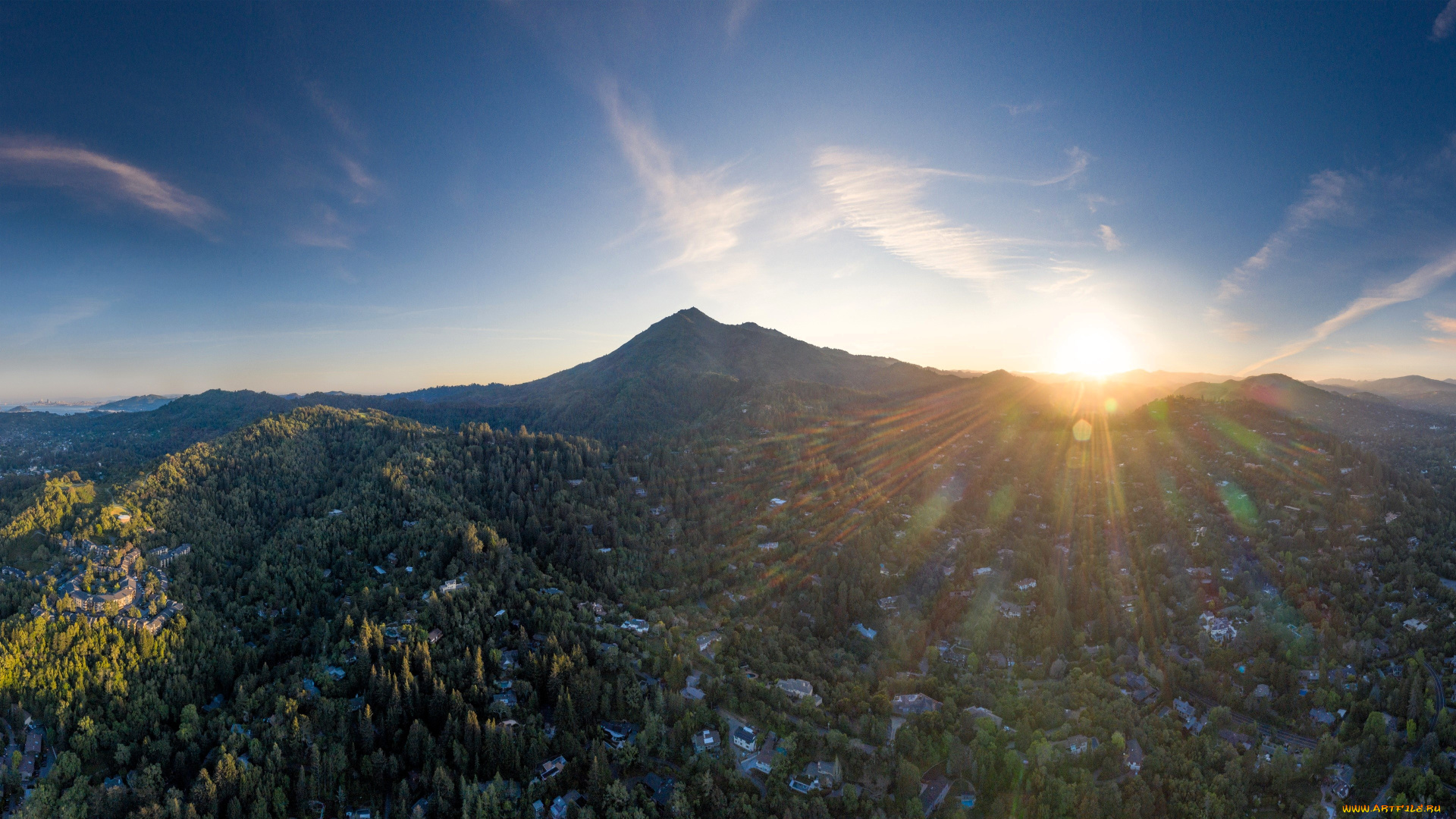 города, -, пейзажи, горы, солнце, лучи, лес, деревья, дома, поселение