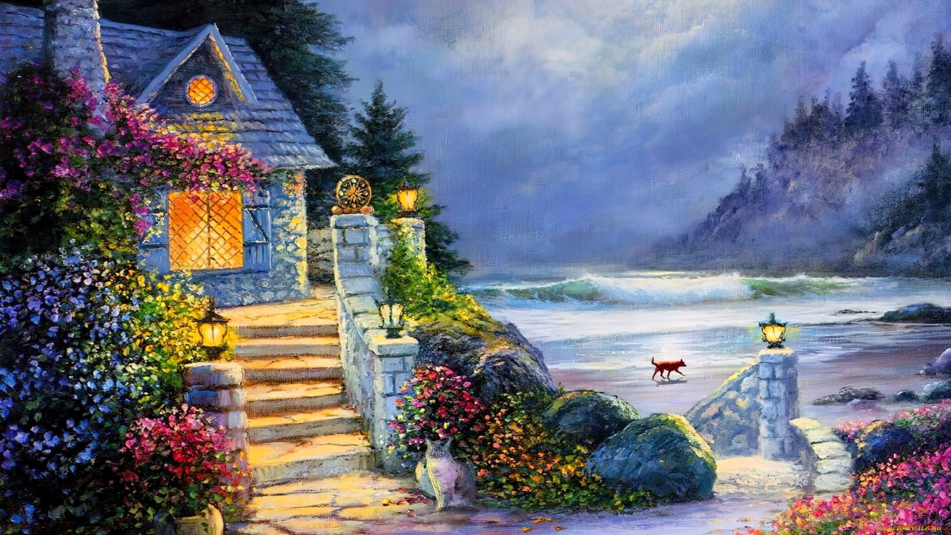 рисованное, thomas, kinkade, дом, дым, деревья, цветы, горы, море, дорожка