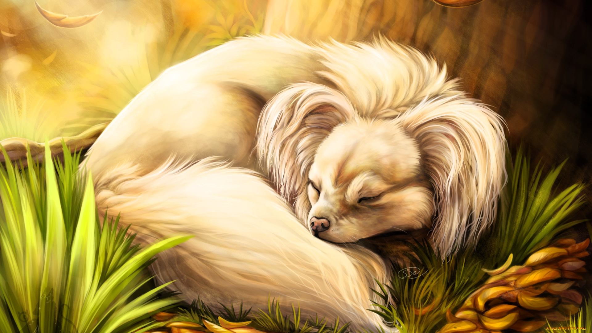 рисованное, животные, , собаки, собака, сон, листья, осень, трава