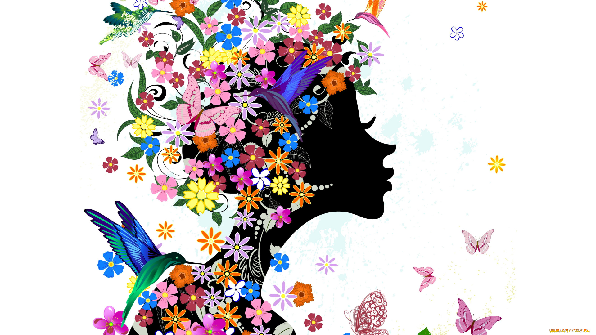 векторная, графика, девушки, , girls, девушка, профиль, цветы, бабочки, птицы, колибри
