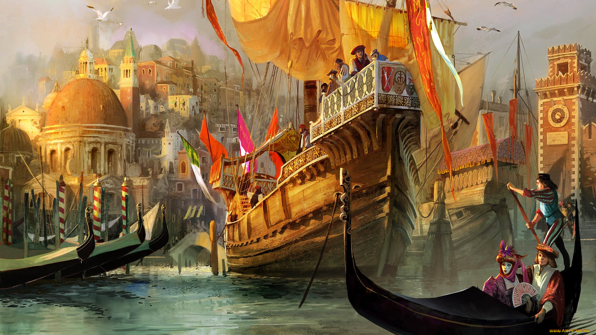 видео, игры, anno, 1404, , venice, корабли, гондолы, люди, берег, город, венеция