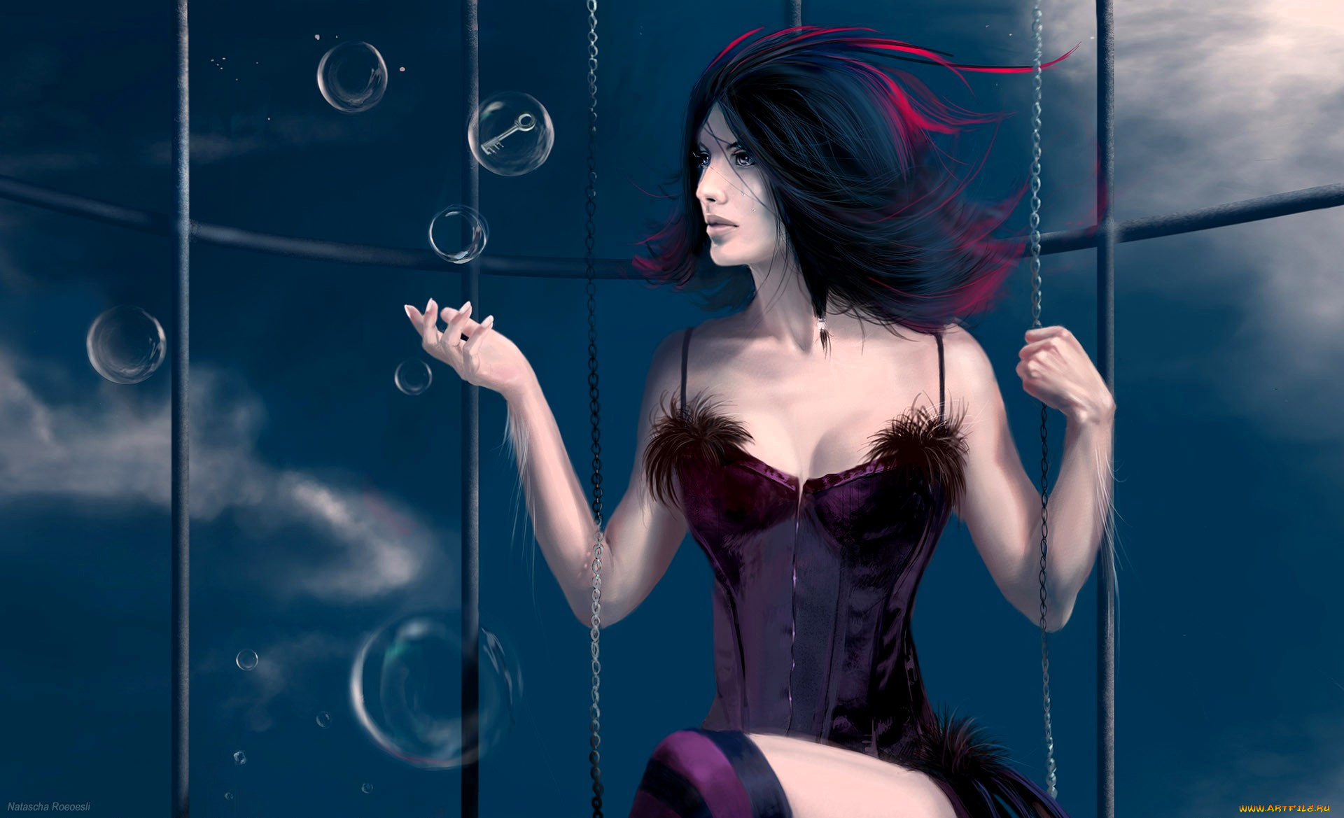фэнтези, девушки, девушка, наряд, качели, цепи, клетка, пузыри, ключ