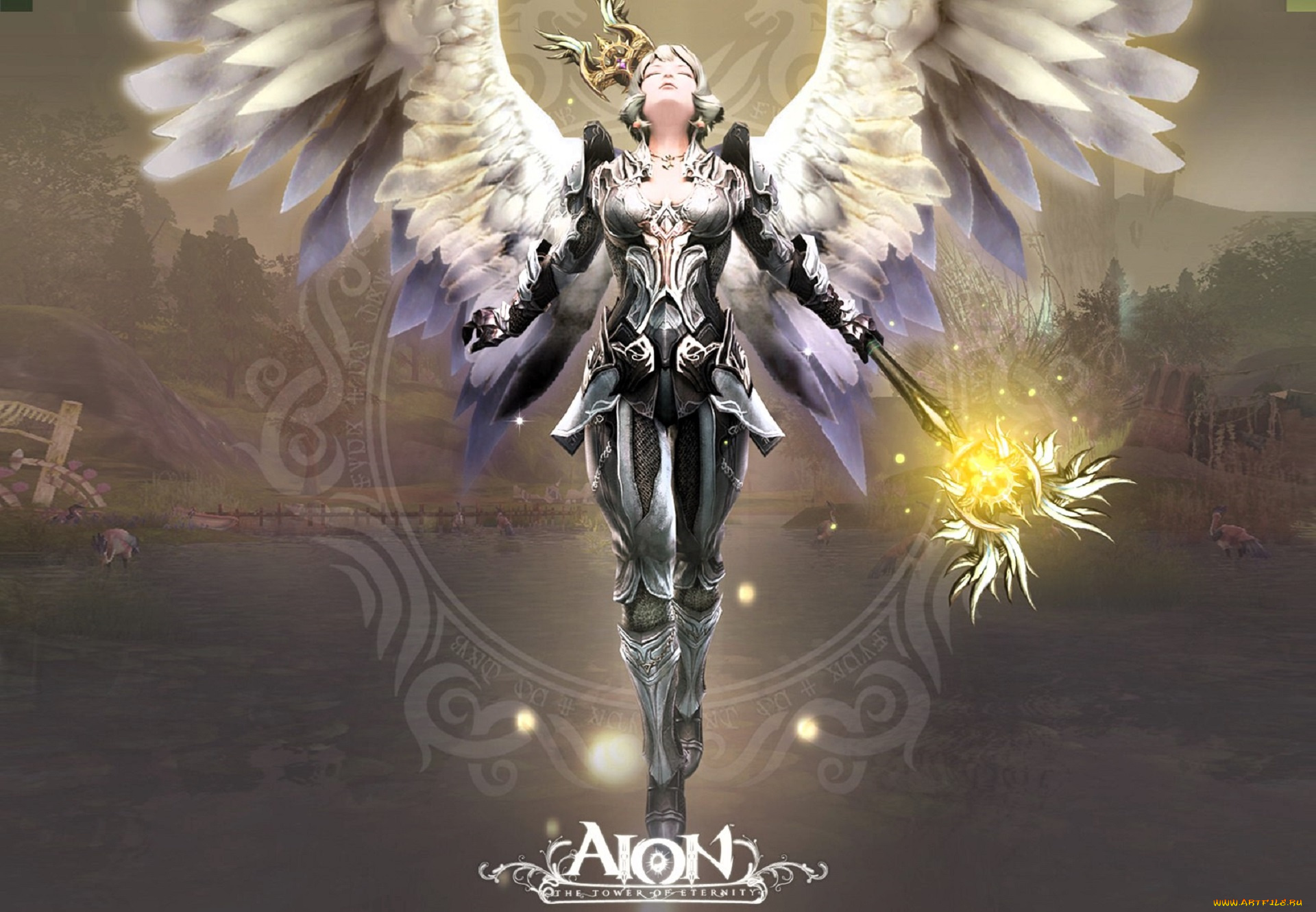 видео, игры, aion, , the, tower, of, eternity, персонаж, ангел, девушка, латы, посох