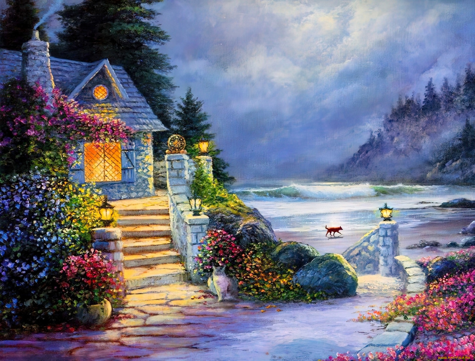 рисованное, thomas, kinkade, дом, дым, деревья, цветы, горы, море, дорожка