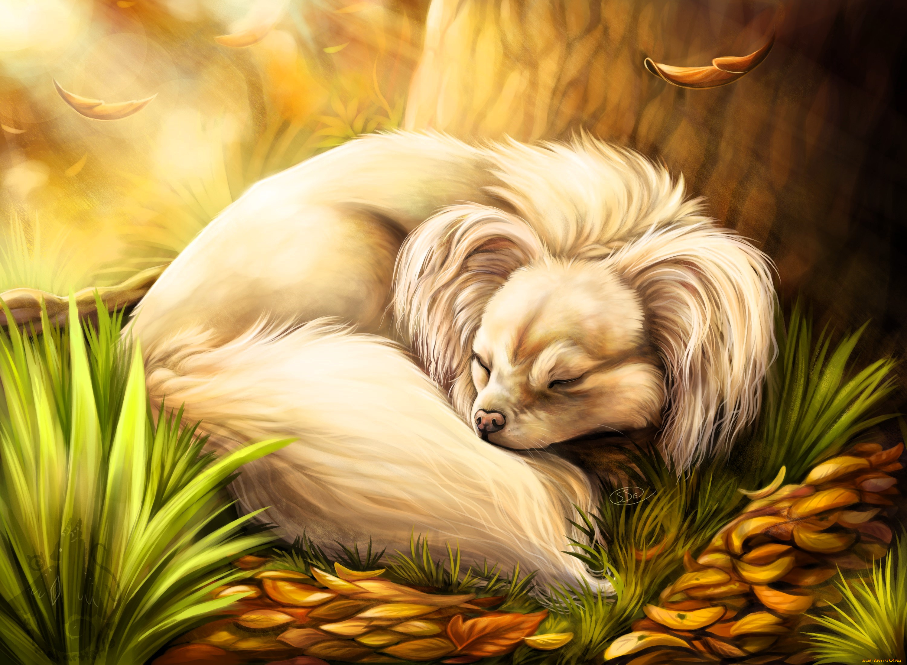 рисованное, животные, , собаки, собака, сон, листья, осень, трава