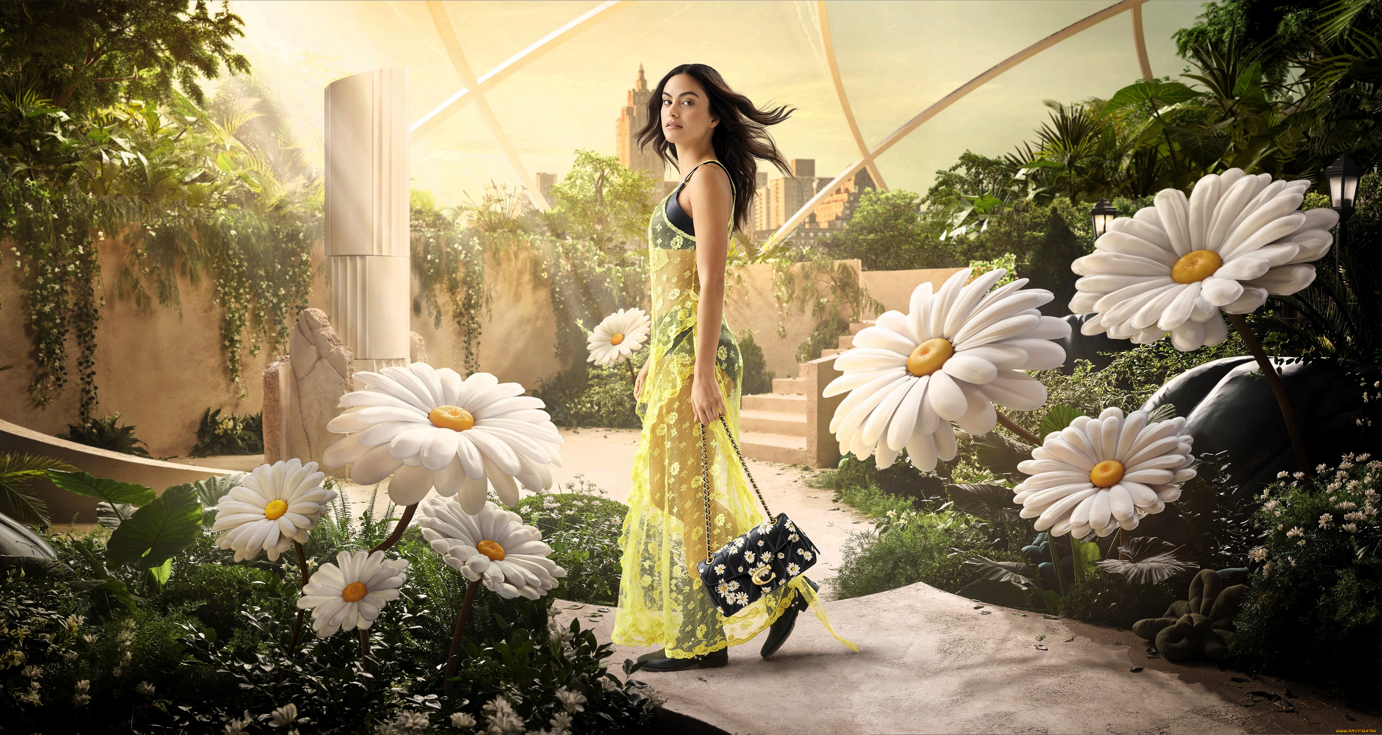 девушки, camila, mendes, брюнетка, наряд, платье, сумка, цветы, ромашки, купол