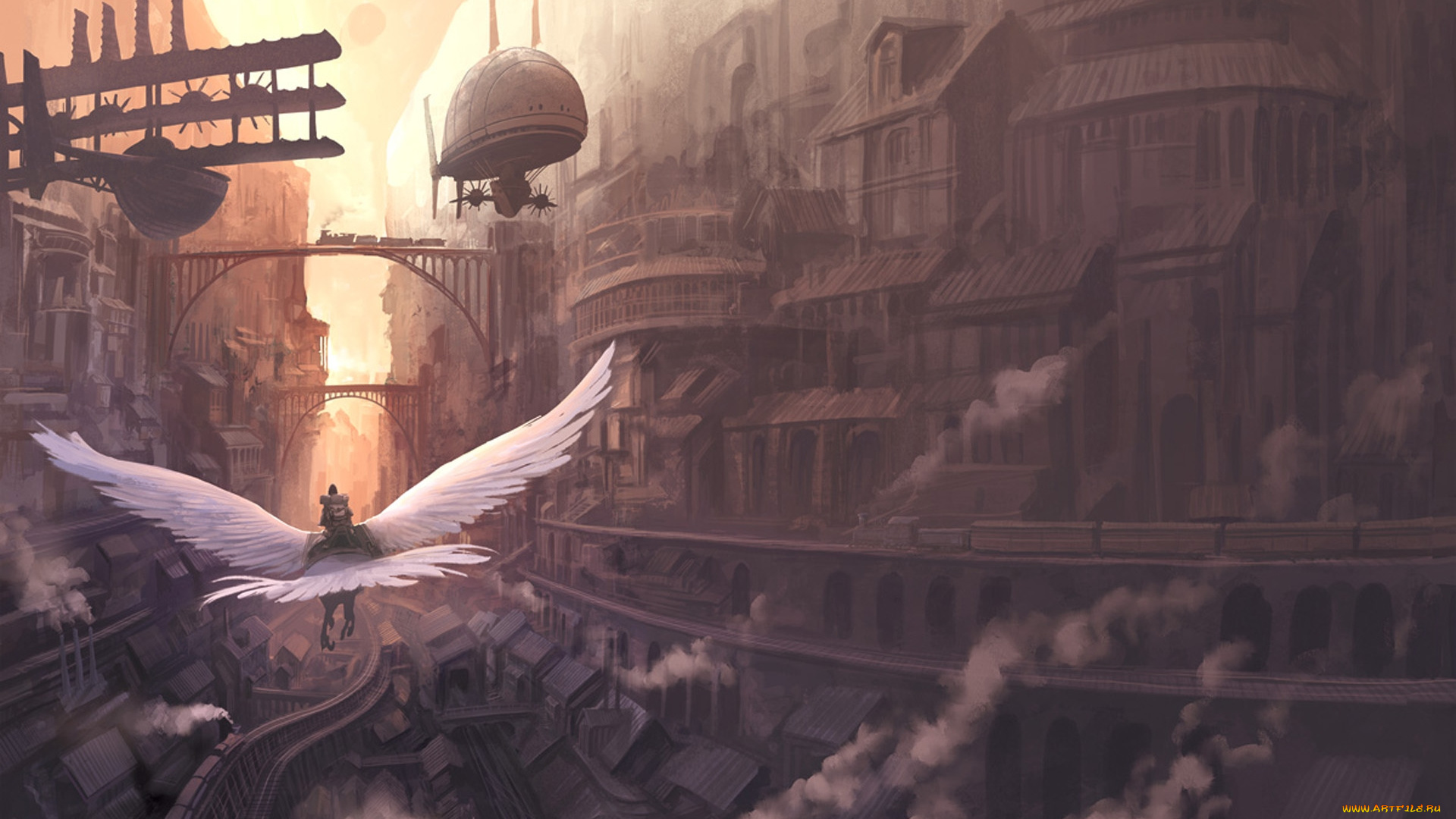 аниме, крылья, птица, город, улицы, здания, человек, строения