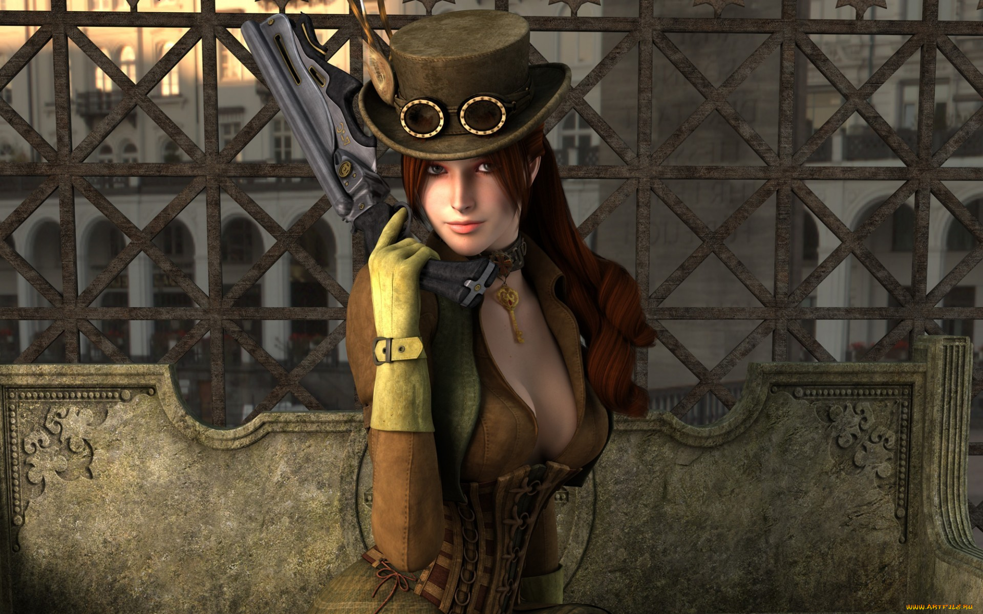 3д, графика, fantasy, фантазия, девушка, оружие, пистолет