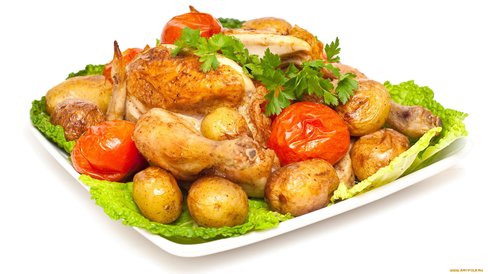 еда, мясные, блюда, помидоры, картофель, курица