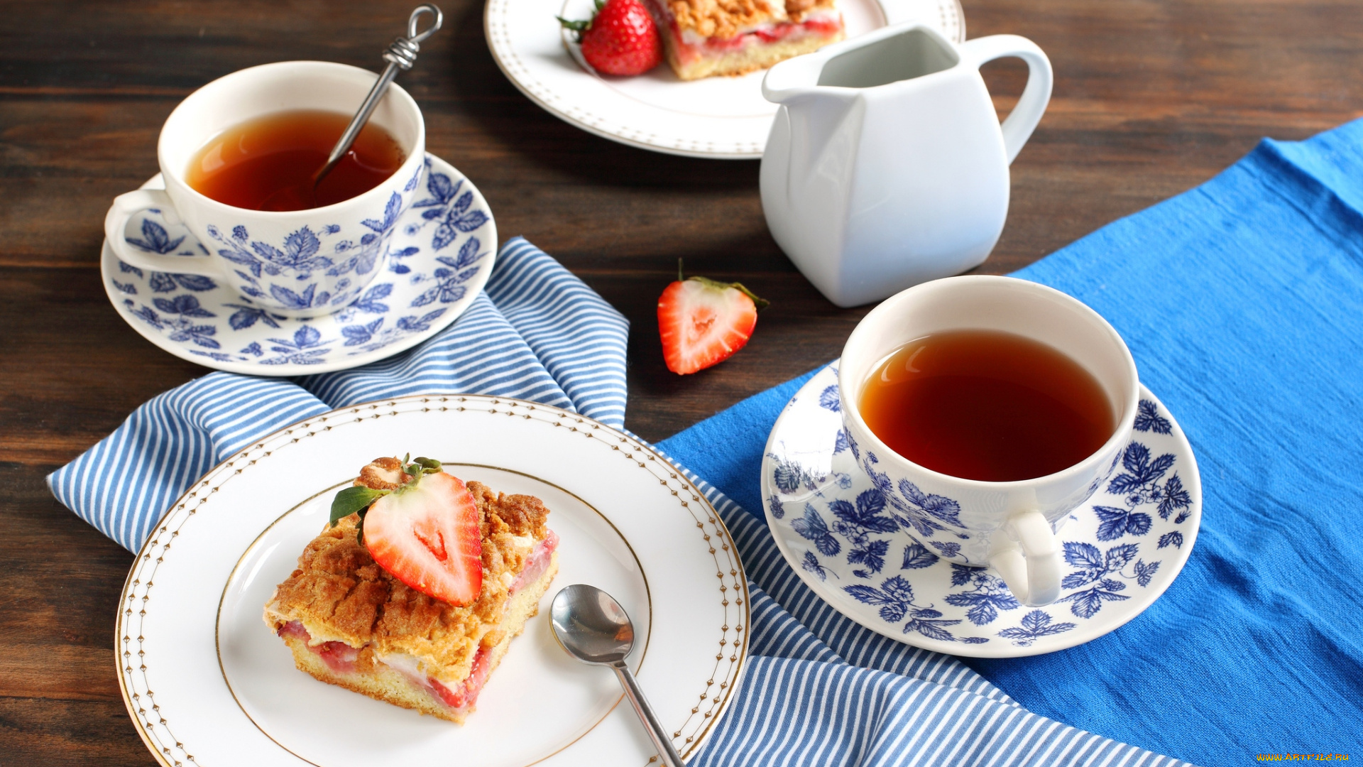 еда, напитки, Чай, клубника, чай, чашки, пирожное