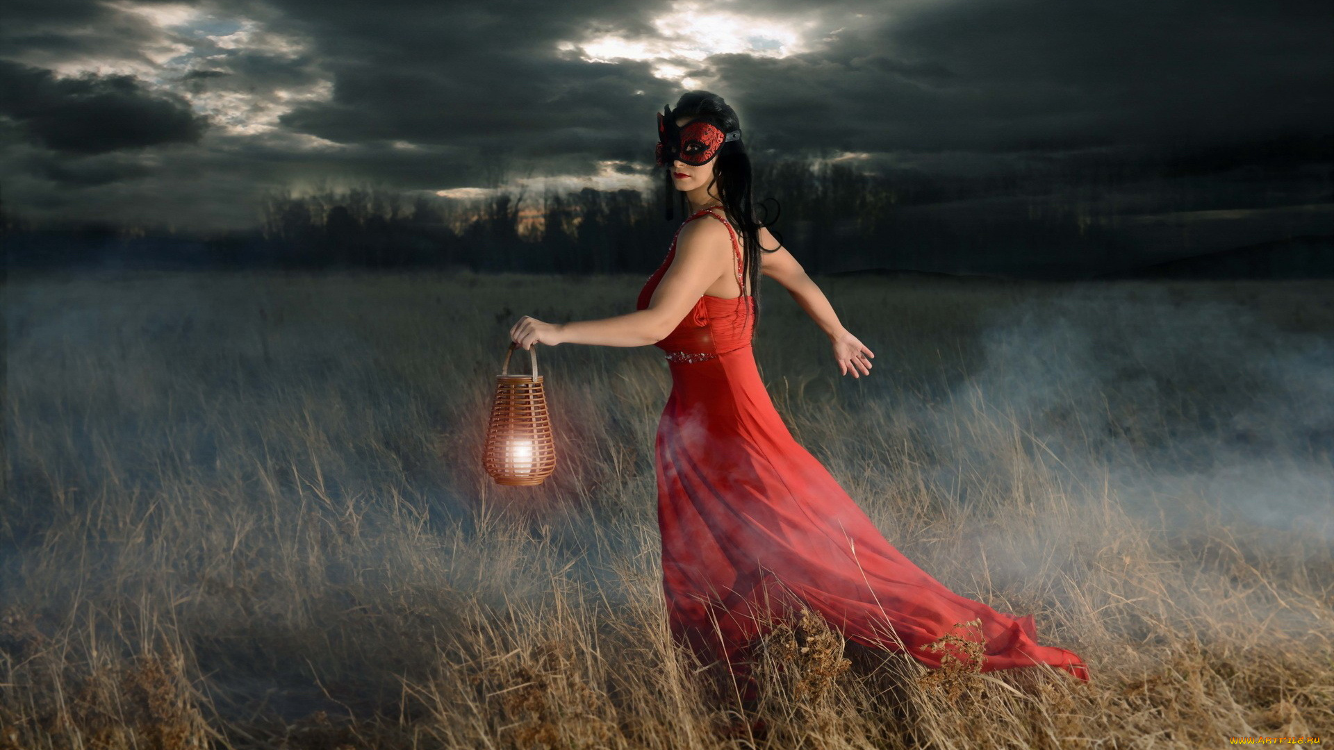 фэнтези, девушки, облака, маска, девушка, фонарь, поле, вечер, тату