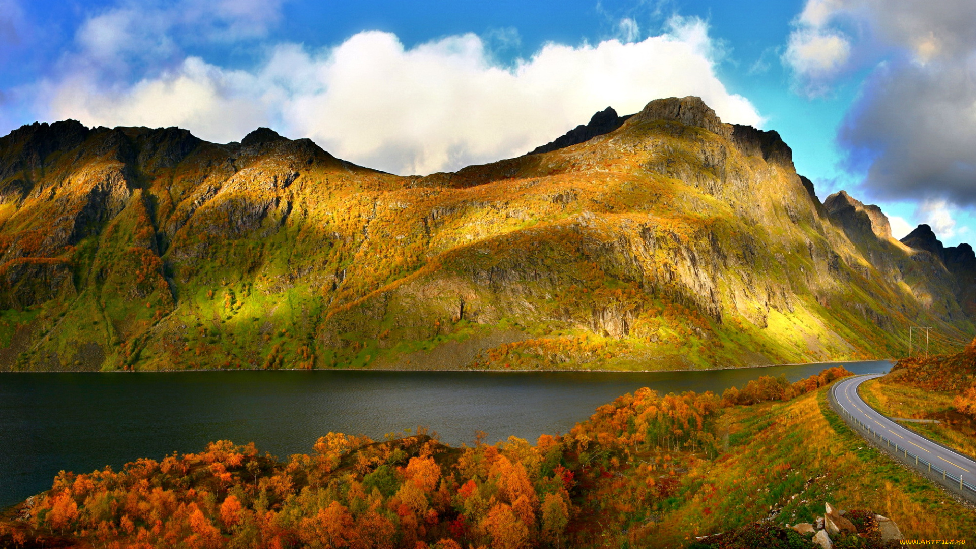 ingelsfjorden, норвегия, природа, реки, озера, горы, озеро, фьорд, дорога, небо, облака, деревья