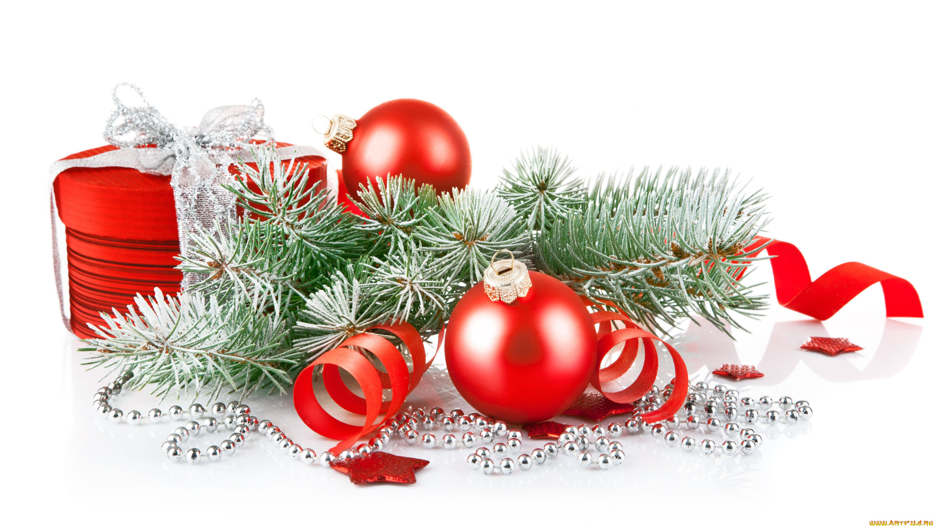 праздничные, украшения, гирлянда, сосновая, ветка, шарики, коробка, подарок