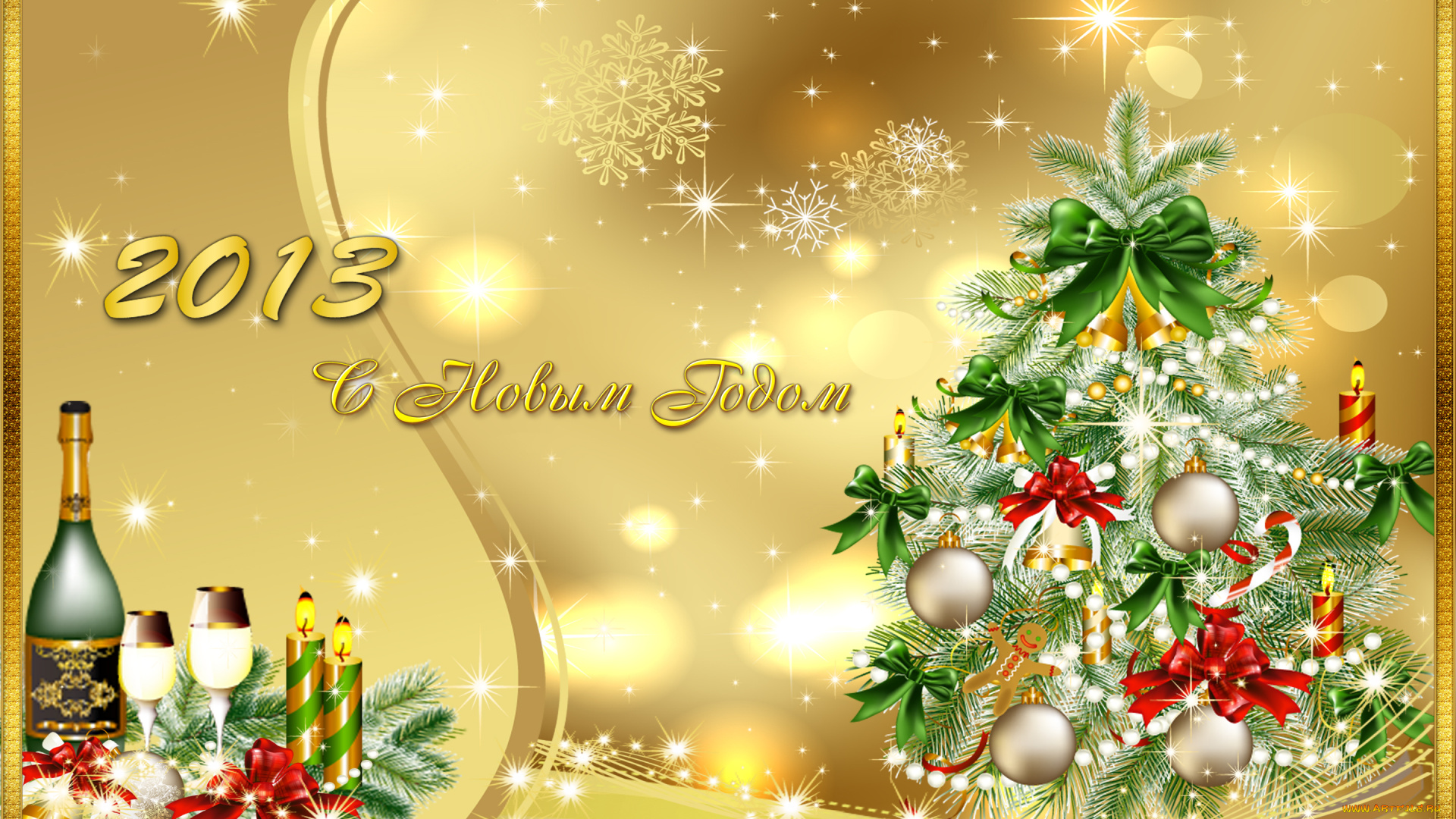 праздничные, векторная, графика, новый, год, шары, ель, свечи, банты, звёзды, бокалы, шампанское, снежинки