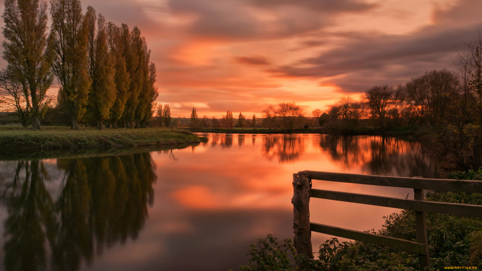 природа, реки, озера, река, закат, деревья, пейзаж