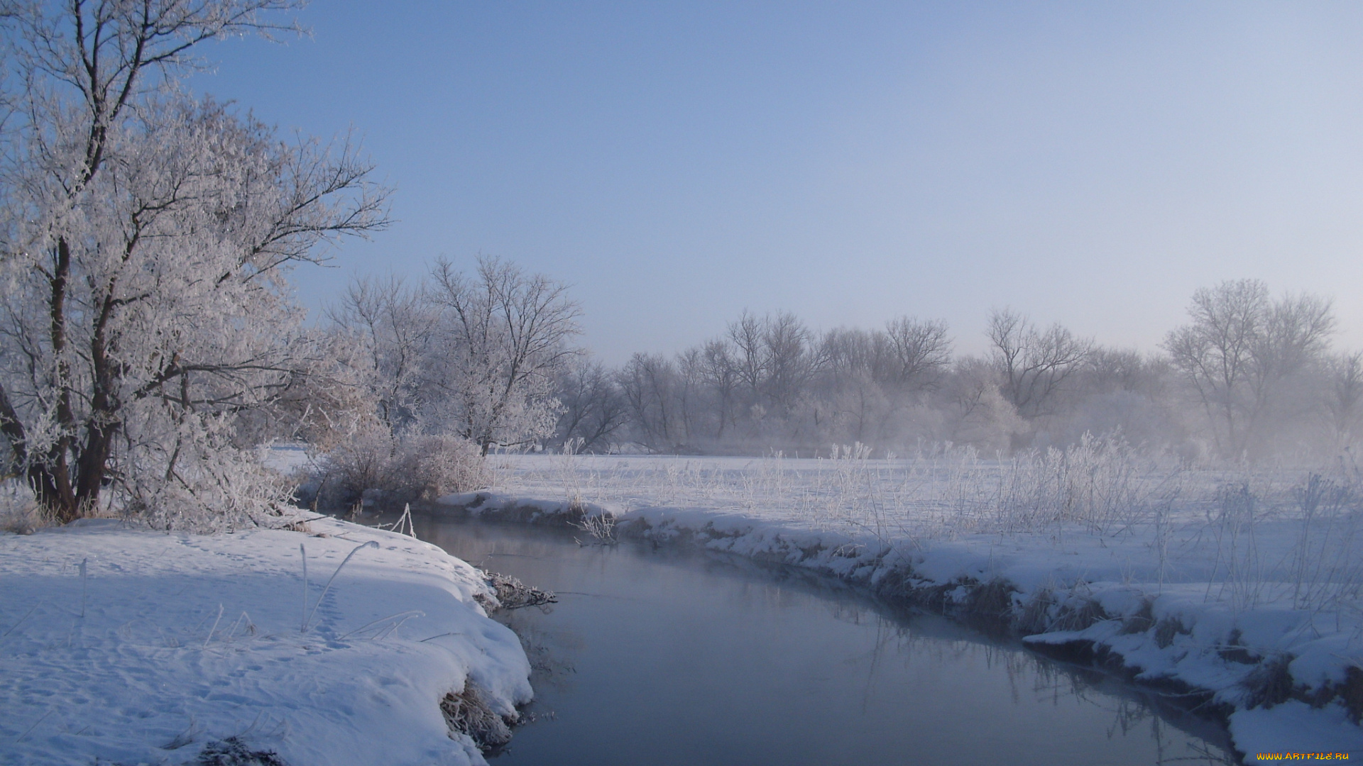 природа, зима, снег, река, утро
