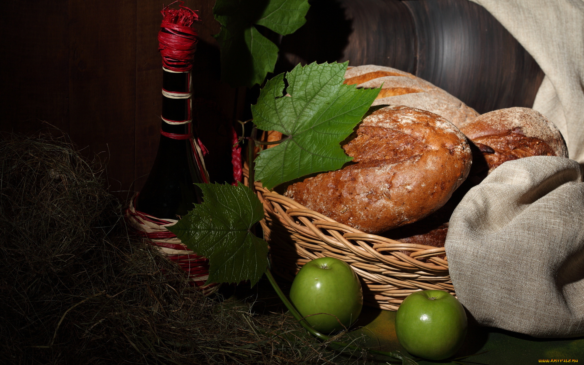 еда, натюрморт, хлеб, бутылка, вино, яблоки