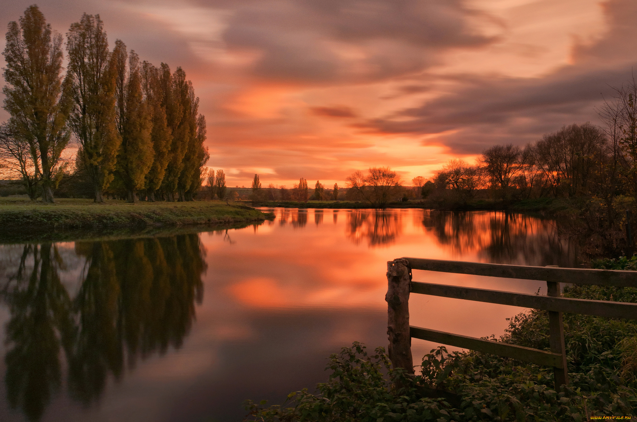 природа, реки, озера, река, закат, деревья, пейзаж