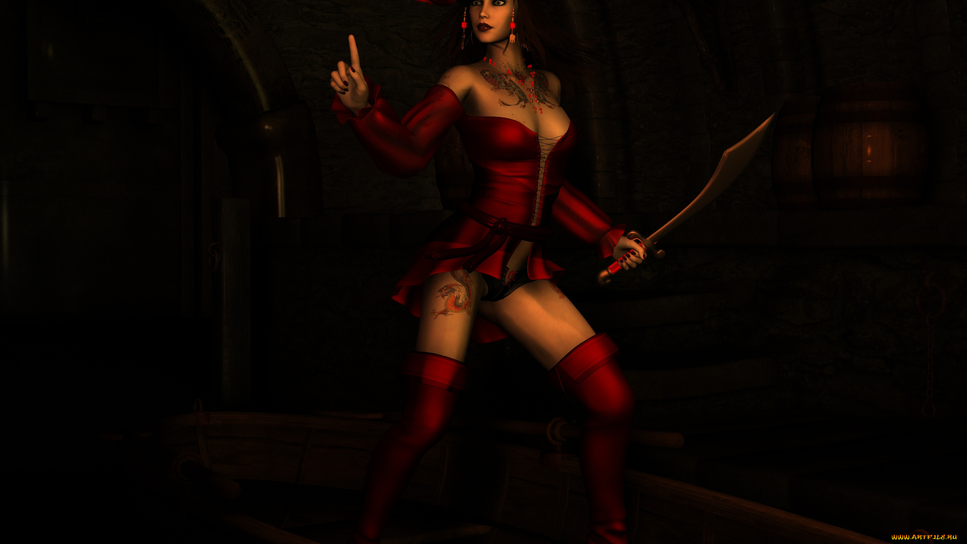 3д, графика, амазонки, , amazon, факел, тату, меч, фон, взгляд, девушка